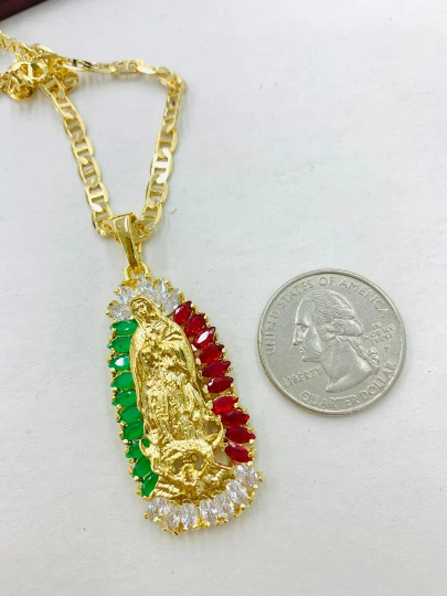 Cadena de la Virgen de Guadalupe en Oro Laminado 44x20 Piedras Coloradas Mexico
