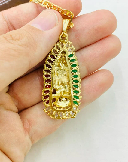 Cadena de la Virgen de Guadalupe en Oro Laminado 44x20 Piedras Coloradas Mexico