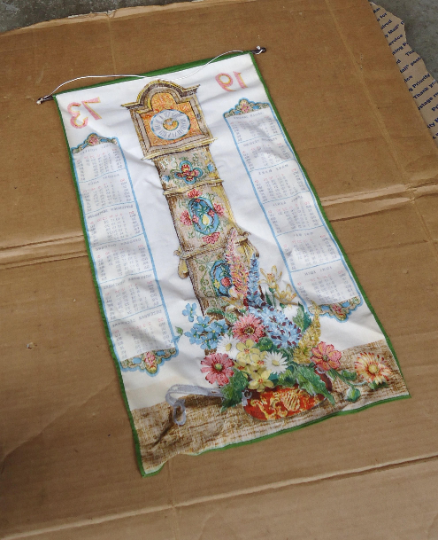 grandfather clock vintage calendar advertising,70s fabric calendar,old timers