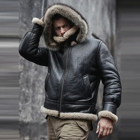 Pre-owned Bomber Men's Hooded Fox Fur Raf Aviator B3 Real Sheepskin Black Shearling Jacket