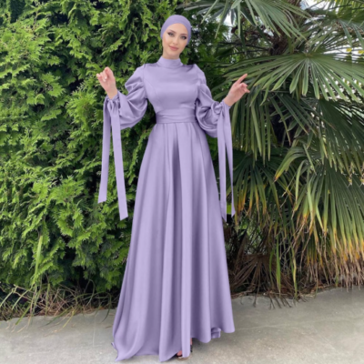 Muslim Fashion Women Islamic Satin Dress Hijab Arabic Pleated