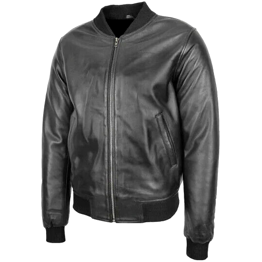 New Men's Black Leather Bomber Jacket Ribbed Hem Lined Size
