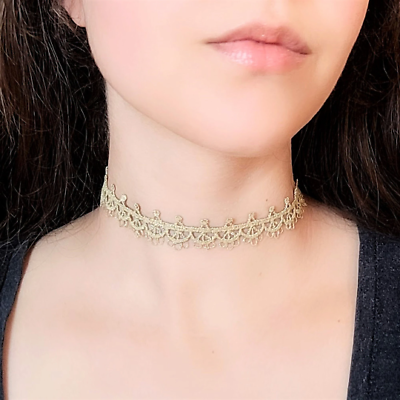 Thin Gold Lace Choker Dainty Scalloped Metallic Necklace Boho Jewelry