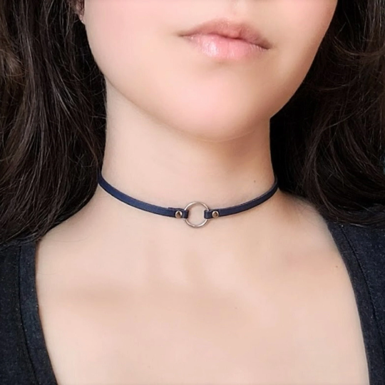 Navy Blue Faux Leather O Ring Choker Collar Goth Punk Necklace