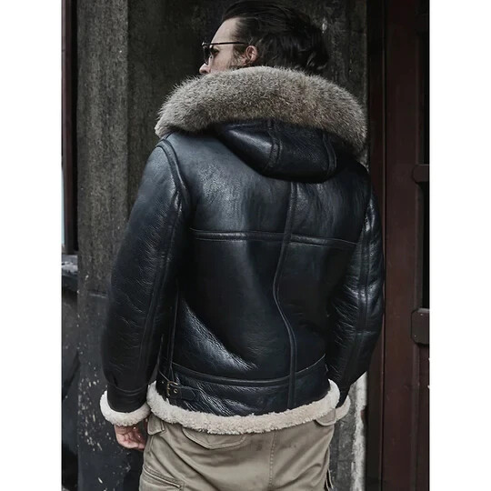 Pre-owned Bomber Men's Hooded Fox Fur Raf Aviator B3 Real Sheepskin Black Shearling Jacket
