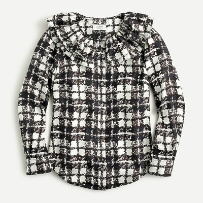 J Crew AU260 NWT XXL Collection Silk Twill Ruffle-Collar Top Houndstooth Plaid 