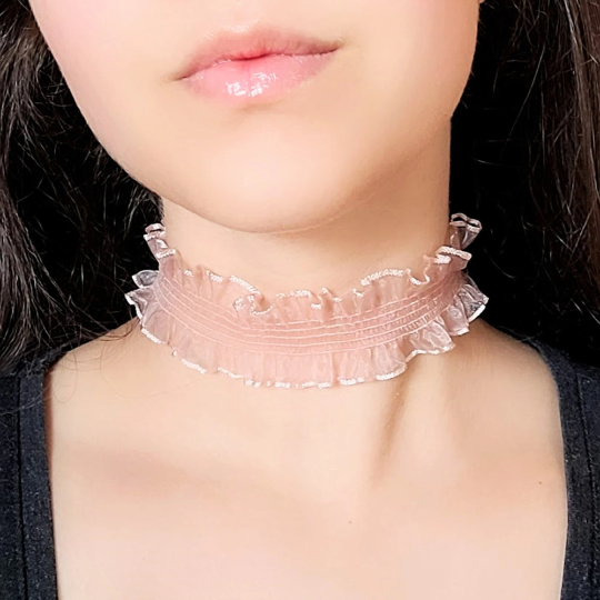 Pastel Pink Ruffle Choker Wide Frilly Victorian Necklace