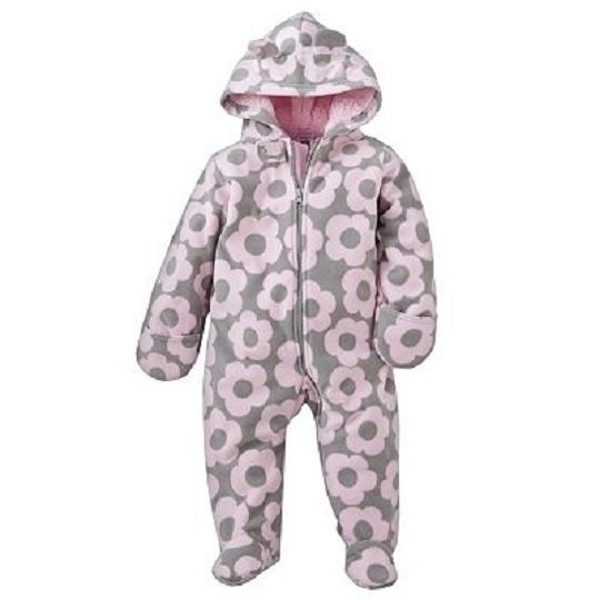 Girls Carter's Snowsuit Pram Outerwear Jacket 6M Ears Pink Grey Floral NWT