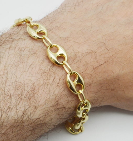 BH JEWELRY REAL 10K YELLOW GOLD 10 MM MENS PUFFED MARINER LINK CHAIN BRACELET 9.5GR