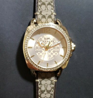 Coach Boyfriend Watch With 34mm Golden Face Brown Coach Signature Leather Band