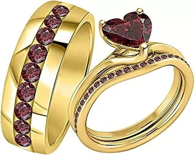 14K Yellow Gold Plated 3.00Ct Lab Created Garnet His & Her Wedding Trio Ring Set