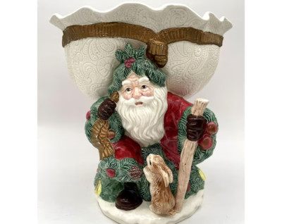 Fitz & Floyd 1991 Taiwan Woodland Santa Compote Pedestal Bowl 10 in