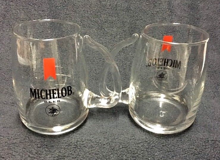 Michelob Beer Stein Mug Drinking Glass Unique Open Handle, Libbey, Set of 2 16oz