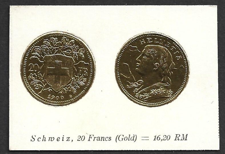 (BL) German 1900 Golden Foil Schweiz, 20 Francs (Gold) = 16,20 RM Replica