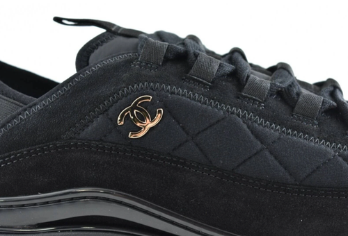 Pre-owned Chanel 21k Mens Black Grey Cc Logo Lace Up Tie Low Top Trainer Sneaker 44 11 In Gray