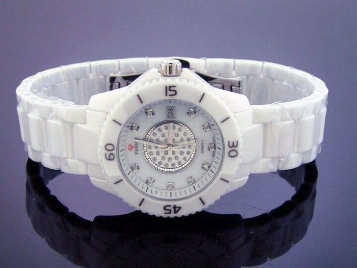 Pre-owned Venus Icetime  35 Mm Stainless Steel & White Ceramic Case 0.15ct Diamonds Watch