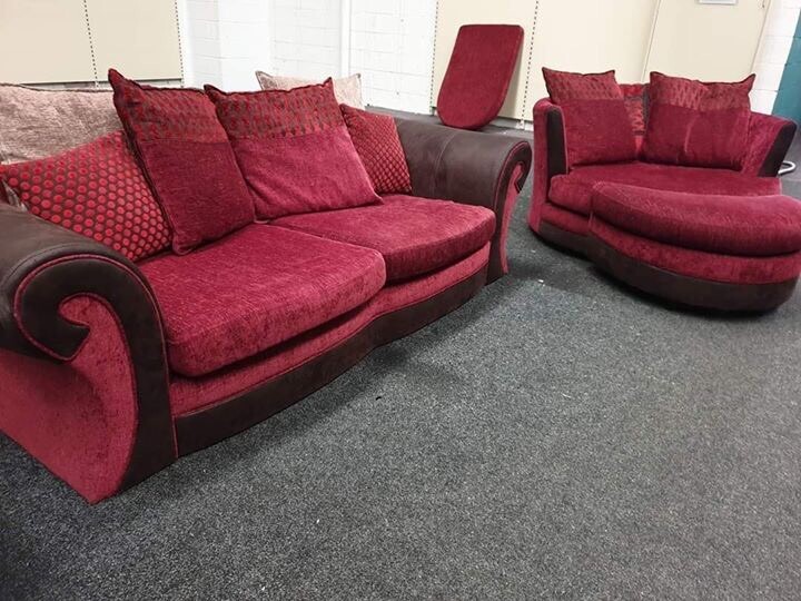 DFS leather and fabric sofa and armchair set in red in Newcastle