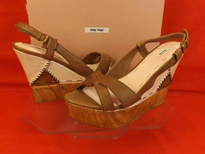 Pre-owned Miu Miu 5z6936 Brown Texture Leather Wooden Stitched Platform Sandals 39.5