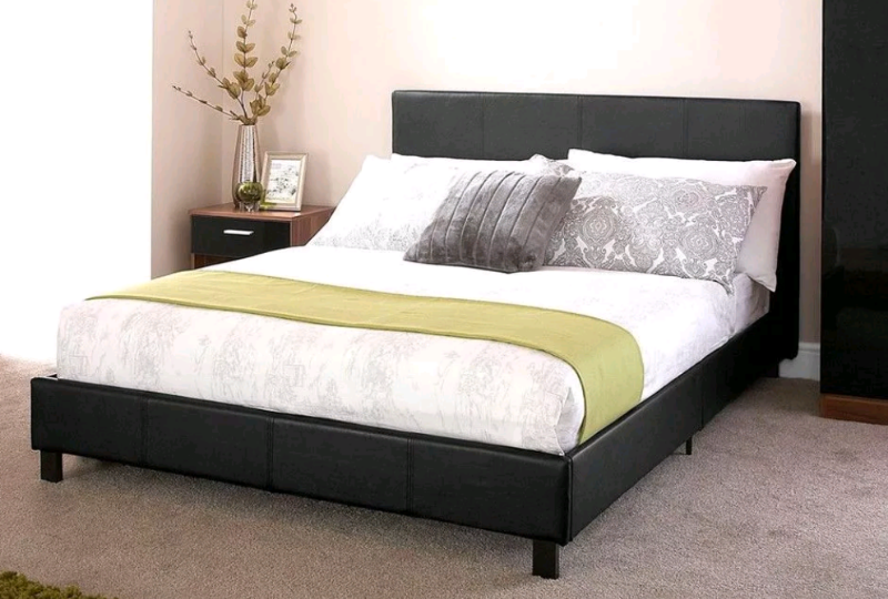 New Black Faux Leather 4ft6 Double Bed with Memory Foam Mattress in