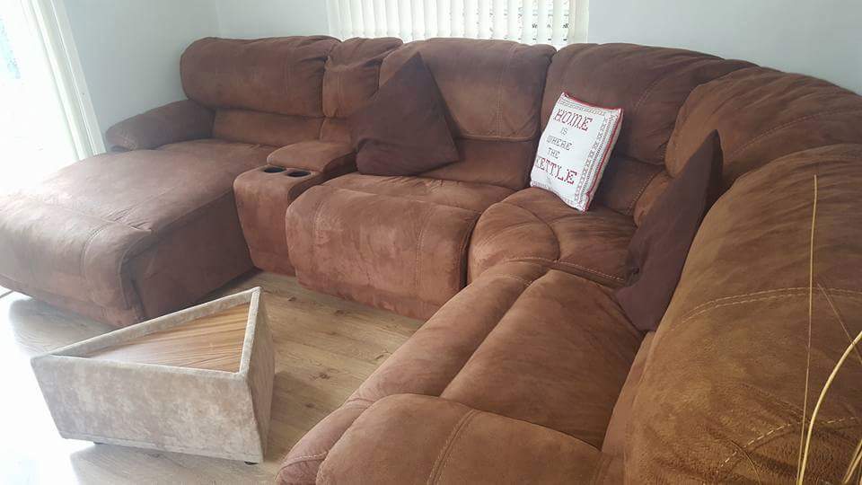FOR SALE HARVEYS SANDBRIDGE CORNER SOFA WITH MEDIA TRAY FAUX SUEDE TAN