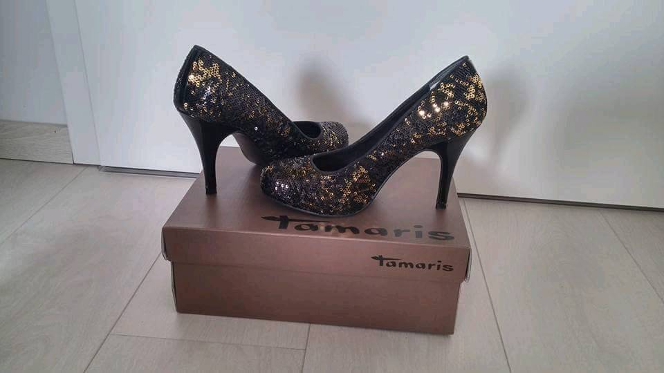 Tamaris Pumps Highheels schwarz gold Pailletten und schwarz Gr 37 Pailletten High Heels Größe 37