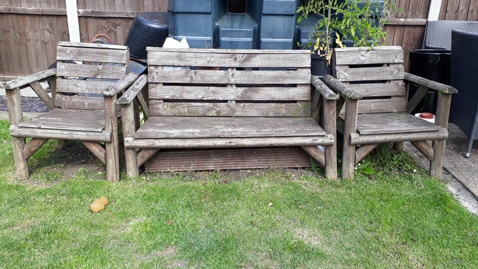 Heavy Wooden Garden Table, 2 Benches & 2 Chairs | in Chelmsford, Essex