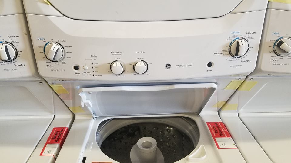 GE White Laundry Center 3.8 cu. ft. Washer & 5.9 cu. ft. 240-Volt Dryer Stacked