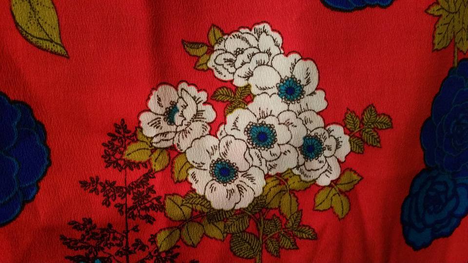 Vintage 2 YD HAWAIIAN TIKITEX Fabric Red with White/Blue Flowers & Butterfly