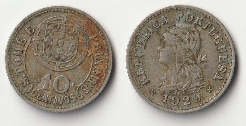 1929 St. Thomas and Prince 10 centavos coin