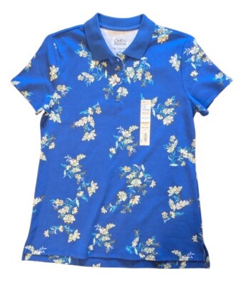 Croft & Barrow Classic Polo Shirt NWT Womens Small Floral Blue Collared Cotton 