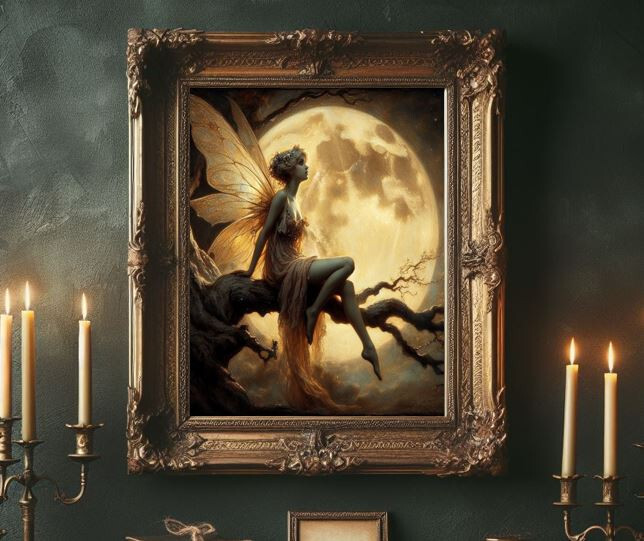Fairy with moon Dark Acadamia Fantasy Vintage 18th century painting print Art