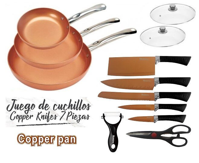 JUEGO DE 3 SARTENES 2 TAPAS CUCHILLOS TIJERAS COLOR COBRE COPPER PAN APTO HORNO