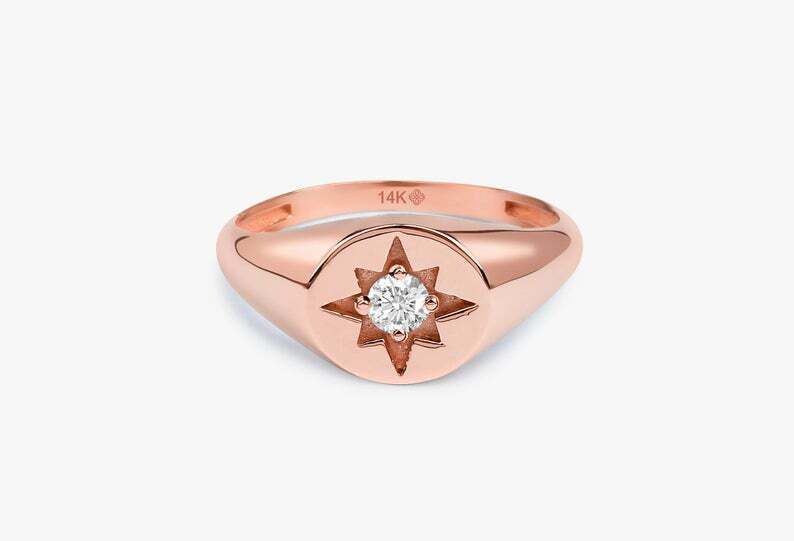 Pre-owned Handmade Diamond Star Signet Ring / Estelle / 14k & Diamond / White, Yellow, Rose Gold