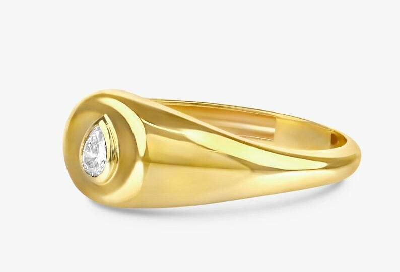Pre-owned Handmade Solid Gold Diamond Signet Ring / Lagrima / Drop Diamond Gold Ring / 14k Yellow