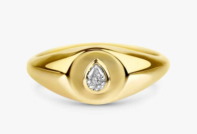 Pre-owned Handmade Solid Gold Diamond Signet Ring / Lagrima / Drop Diamond Gold Ring / 14k Yellow