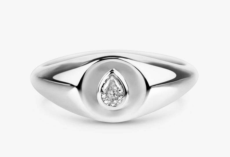 Pre-owned Handmade Solid Gold Diamond Signet Ring / Lagrima / Drop Diamond Gold Ring / 14k Yellow