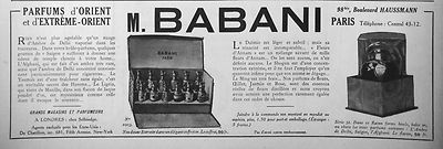 PUBLICITÉ DE PRESSE 1922 M.BABANI PARFUMS D'ORIENT ET D'EXTRÈME ORIENT