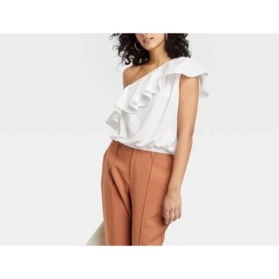 A New Day Women's white One Shoulder k cut Ruffle Top Size xl simple summer