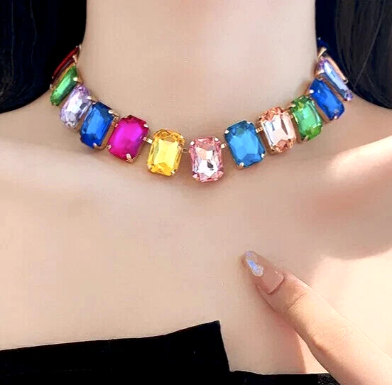 Stunning Square JEWELS Rainbow COLORFUL Betsey Johnson Statement Necklace