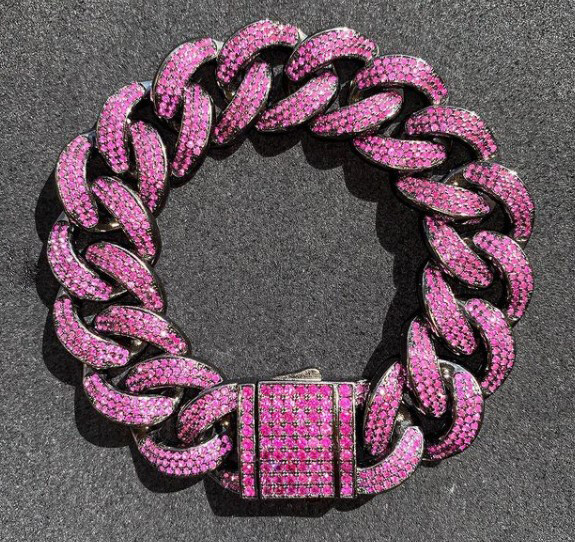 Pre-owned Online0369 4.5 Ct Pink Simulated Ruby Men's 18mm Cuban Link Bracelet Black Gold 925 Silver