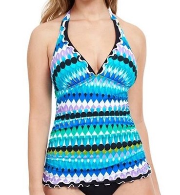 PROFILE BY GOTTEX Moroccan Escape V-Neck Halter Tankini Top Swimsuit 6 NEW