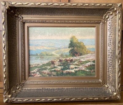 PASTORAL LANDSCAPE with Sheep grazing on a Hillside / Oil on Canvas / Signed