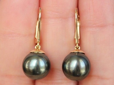 New 14K AA Tahitian Black Pearl (9.3mm) Dangle Leverback Earrings Yellow Gold