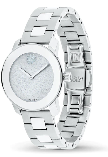 Pre-owned Movado Bold 3600534 White Crystal Sunburst Dial Ceramic Bracelet Womens Watch In Silver
