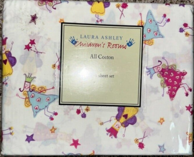 Laura Ashley FUN FAIRIES Pink TWIN Size SHEET SET WHITE NIP 3 PIECE Set COTTON