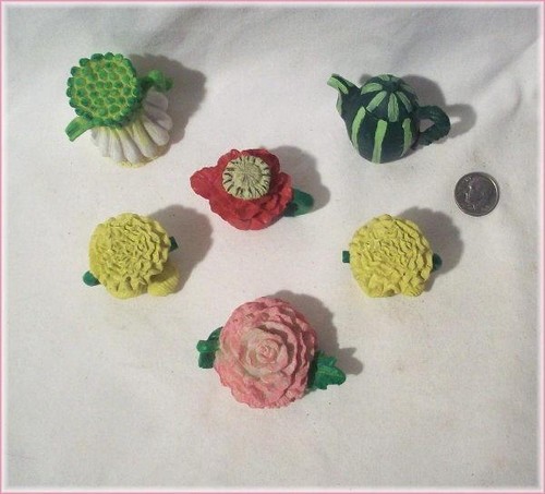 6 PC Collectible Flower & Vegetable Miniature Tea Pots - Onion Watermelon + more