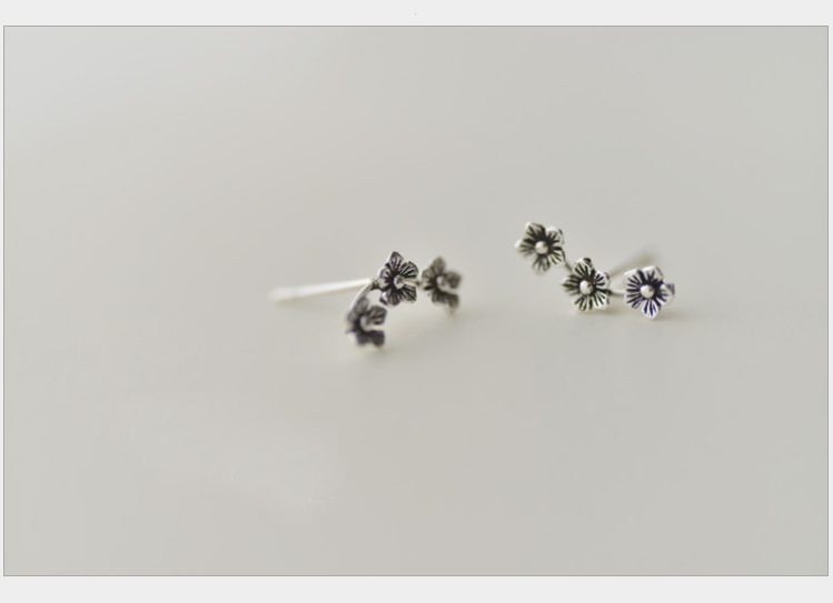 Oxidized 925 Sterling Silver 3 Rose Flower Ear Crawler Stud Earrings Gift K19