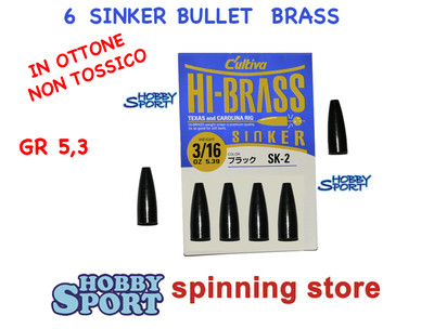 SINKER BRASS 5,3 GR BULLET TEXAS E CAROLINA RIG 3/16 OZ CULTIVA SPINNING  6 PZ