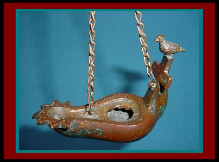 ANTIQUE ROMAN BYZANTINE INCISED BRONZE HANGING OIL LAMP w/ Bird perched on CROSS
