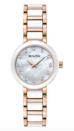 Женские кварцевые часы Bulova Diamonds Steel Ceramic с белым циферблатом MOP диаметром 28 мм.